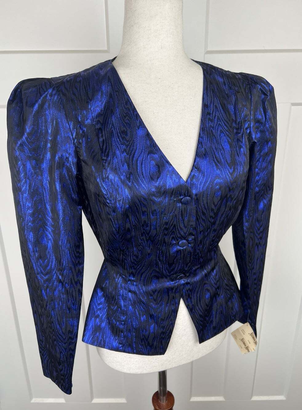 NWT Vintage 80s Neiman Marcus Metallic Cobalt Blue Moire Blazer Top Size 6 USA - Picture 8 of 14
